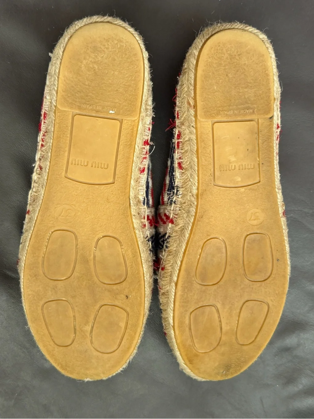 Miu Miu Beige Espadrilles with Red & Navy Stripe and Crystal Brooch 37 Size